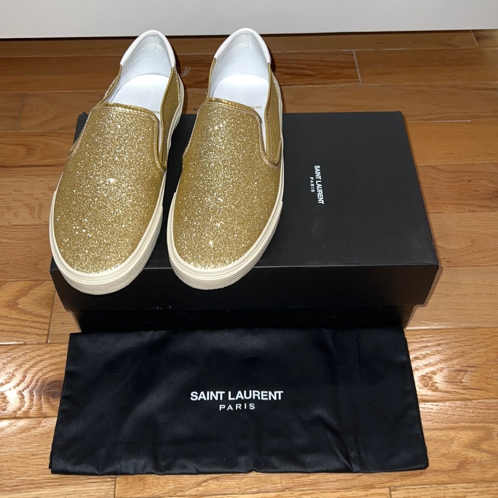 YSL Saint Laurent Mens Metallic Gold Slip-Ons
